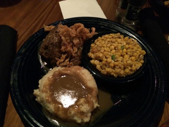 Meatloaf, spiced corn and smashed potato with gravy at Timberwood Grill